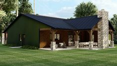 this is a computer rendering of a small green house with a porch and covered patio