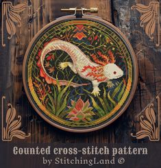 a cross - stitch pattern with an image of a gecko in the center on a wooden background