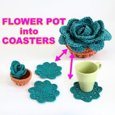 Crochet Cup Cover Projects on a Budget: Free Tips for Beginners Crochet Flower Pot, Wedding Crochet Patterns, Crochet Succulent, Crochet Coasters Free Pattern, Crochet Flowers Easy, Crocheted Flower, Crochet Coaster Pattern, Crochet Plant