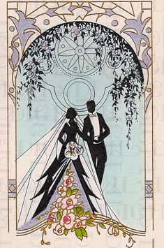 an illustration of a bride and groom under a tree