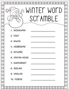 the winter word scramble worksheet is shown in black and white with an image of a