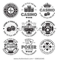 vintage casino emblems and badges with poker chips, cards, dice, roule