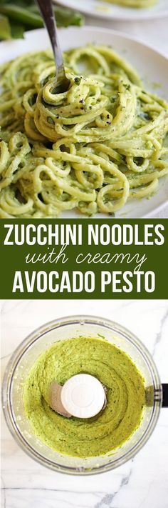 green pesto sauce in a glass bowl next to the recipe for zucchini noodles with creamy avocado pesto