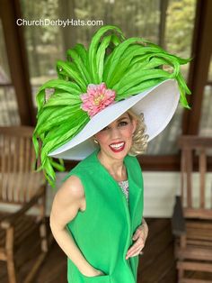 Hollena Kentucky Derby Church Hat Green White Pink Bridal Mothers Day Sunday Best Easter Wedding Tea Party Elegant Custom Unique Bold - Etsy Pink Kentucky Derby Hats, Derby Brunch, Art Hats, Big Hats, Wedding Tea Party, Easter Wedding, Church Hat, Wedding Tea, Kentucky Derby Hats