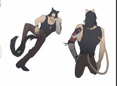 two different poses of an anime character with black hair and cats on their back legs