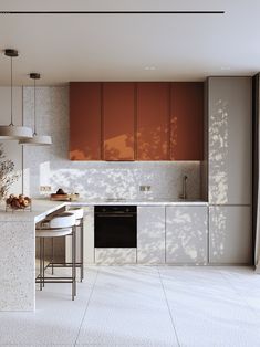 a modern kitchen with an island countertop and white tile flooring, along with brown cabinetry