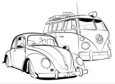 the volkswagen vw bug and an old vw bus are shown in this black and white drawing