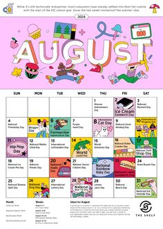 a calendar with the words august and an image of children's toys on it