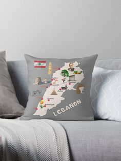 a map of the country of lebanon, france with all its main attractions throw pillow