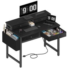 a computer desk with an electronic clock on the top and drawers below it that hold various office supplies