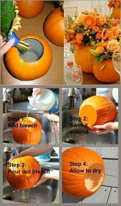 instructions for how to carve a pumpkin into a bowl and fill it with water