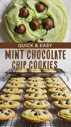 mint chocolate chip cookies cooling on a rack with the words quick and easy in front of it