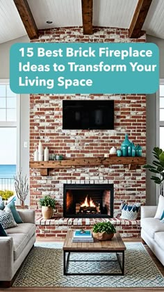 a living room filled with furniture and a fire place in front of a brick fireplace