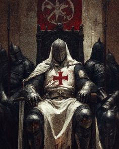 a knight sitting on top of a throne surrounded by other knights