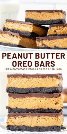 peanut butter oreo bars stacked on top of each other with the title above it