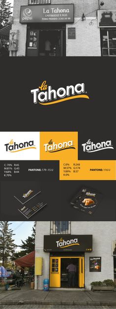 an advertisement for tahona restaurant on the side of a building with yellow and black lettering