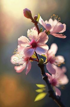 pink flowers are blooming on a tree branch