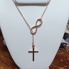 Cross Necklace In Rose Gold With Infinity Cross Necklace 27 Inch Necklace With Extender Cross Pendant : 1" L Infinity Pendant: 1" L Lobster Claw Clasp Brand New Item #N 16-Crosses Necklace With Cross, Infinity Cross, Infinity Pendant, Jewelry Accessories Ideas, Accessories Ideas, Fancy Jewellery, Lobster Claws, Cross Designs, New Item