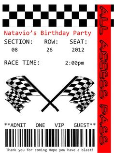 a race ticket with two crossed flags on it and the words, racing birthday party