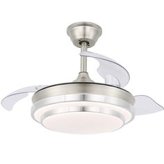 a ceiling fan that is on top of a light fixture with blades in the middle