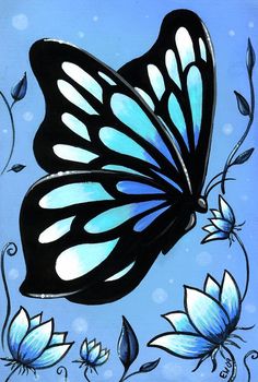 a painting of a butterfly with blue wings and white flowers on it's back