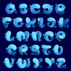 the alphabet is made up of blue liquid and has letters that are shaped like bubbles