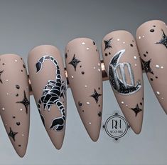 Scorpio Zodiac Nails Designs, Birthday Nail Designs Scorpio, Scorpio Nail Art Zodiac Signs, Scorpion Nail Art, Scorpio Nail Designs, Scorpio Season Nails, Virgo Nail Ideas, Scorpion Nails Designs, Scary Nail Designs