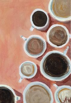 a painting of coffee cups on a pink tablecloth with the words wh written below them