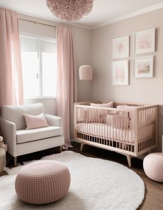 a baby's room with pink and white decor