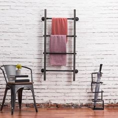 Gray Wood & Industrial Metal Pipe Wall Mounted Towel Ladder Rack - MyGift Mounted Blanket Ladder, Pipe Ladder, Hanging Ladder, Wood Storage Shelves, Rv Bathroom, Towel Ladder, Ladder Rack, Quilt Rack, Wood Ladder