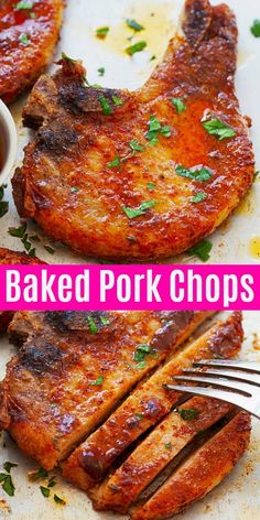 baked pork chops on a white plate with a fork and bowl of dipping sauce