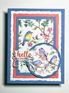 a card with birds on it and the words hello written in red, white, and blue