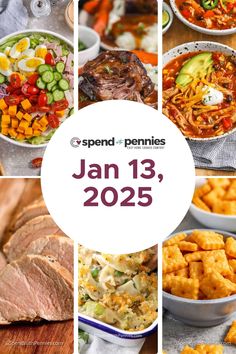 several pictures with different foods in them and the words spend pennies jan 13, 205