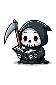 a cartoon character is reading a book and holding an ax