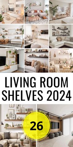 the living room shelving is shown in four different pictures with text overlaying it