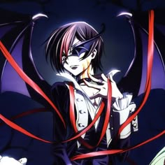 an anime character with long black hair and red ribbon around her neck