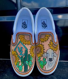 Please contact me to discuss shoe color along with design details. I can do any design, colors, brand, initials, etc.  Price does include shoes Tooled Leather Vans, Western Painted Shoes, Western Painted Vans, Western Vans, Custom Slip On Vans, Custom Painted Vans, Western Fashion Jewelry, Ag Teacher, Shoe Painting