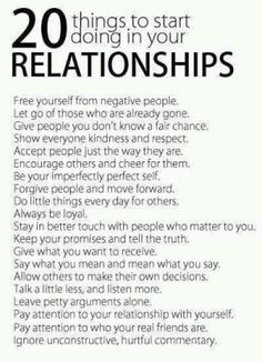 a white poster with the words, 20 things to start doing in your relationships