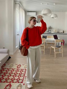 Target Fall Outfits 2024, Red Knit Outfit, Light Jeans Outfit Winter, Comfy Business Casual Outfits, Red Pullover Outfit, Jumpsuit Outfit Winter, Light Jeans Outfit, Stay At Home Outfits, Casual Sporty Outfits