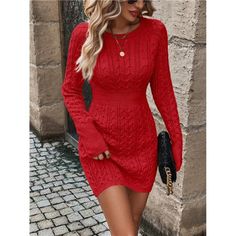 Introducing The Cable Knit Sweater Dress In Bold Red. This Dress Features Extra-Long Sleeves And A Sleek Short Length, Perfect For A Chic, Modern Look. With Its Slim Fit And Slight Stretch Fabric, It Contours To Your Body While Ensuring Comfort And Flexibility. Crafted From Premium Knitwear, It Provides Both Warmth And Style. Non-Sheer And Meticulously Designed, This Sweater Dress Is An Elegant Addition To Any Wardrobe, Ideal For Both Casual And Dressier Occasions. Bodycon Casual, Sweater Dress Casual, Bodycon Sweater, Bodycon Sweater Dress, Women Sweaters Winter, Pullover Outfit, Knitted Bodycon Dress, Casual Sweater, Sweater Dresses