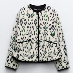 Nwot - Irate Design, Black And Green. Round Neck Long Sleeve Jacket. Front Patch Pockets. Quilted Fabric Detail. Front Snap Button Closure. Runs Large Zara Puffer Jacket, Zara Puffer, Jacket Black And White, Printed Jacket, Winter Chic