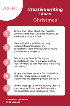 a christmas poem with the words creative writing ideas for christmas written in red and white