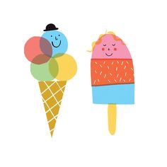 two ice cream cones with faces on them, one is pink and the other is blue