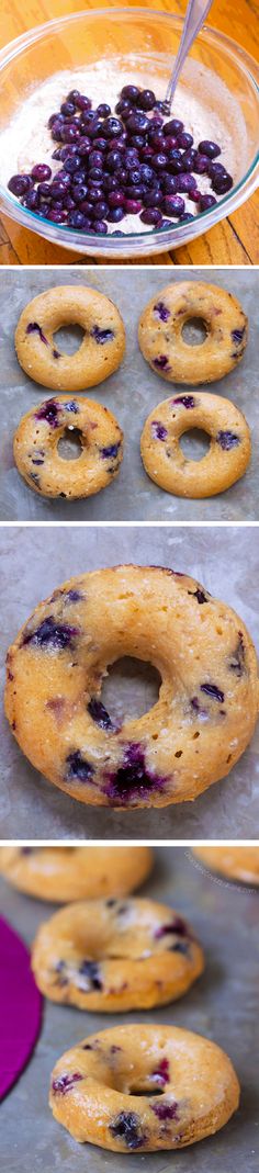 blueberry donuts being baked in a glass bowl