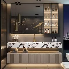 an elegant bathroom with marble counter tops and shelves