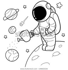 an astronaut is flying in space with planets around him coloring page for kids and adults