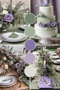 the table is set with purple and green flowers, greenery, and white plates