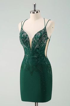 Amzcw Glitter Dark Green Tight Homecoming Dresses with Lace Up Back