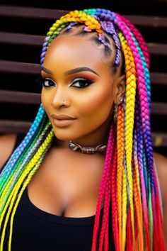 If you enjoy experimenting with looks, rainbow-colored box braids could be perfect for you. The mix of shades in this color combination allows for a vibrant and artistic expression of your personality. Click here to check out more trending box braids hairstyles for black women. Multi Color Box Braids, Crazy Braids Hairstyles, Long Box Braids With Color, Multi Colored Box Braids, Braided Hairstyles Straight, Different Color Braids, Colorful Braids For Black Women, Braids Color Combination, Braided Hairstyles For Natural Hair