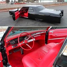 the interior and dashboard of an old car with red leather upholstered seats, in two different views